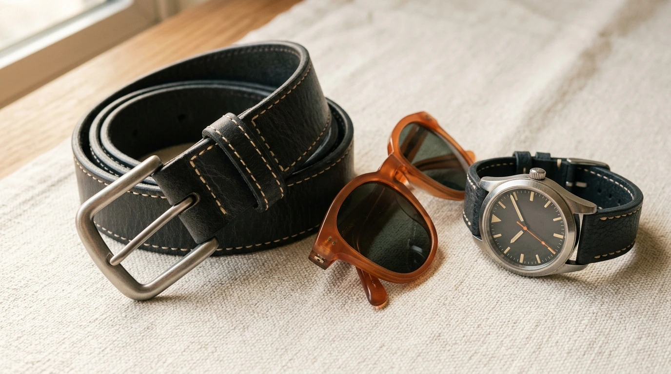 Cintura, orologio e occhiali da sole su un piano chiaro