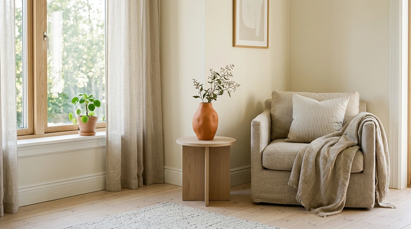 Angolo di salotto in stile scandinavo con legno chiaro