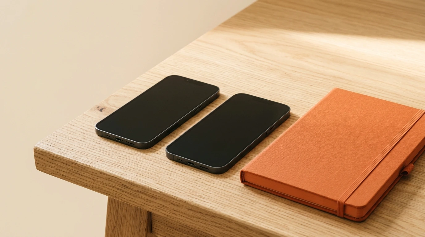 Due smartphone affiancati su una scrivania di legno chiaro