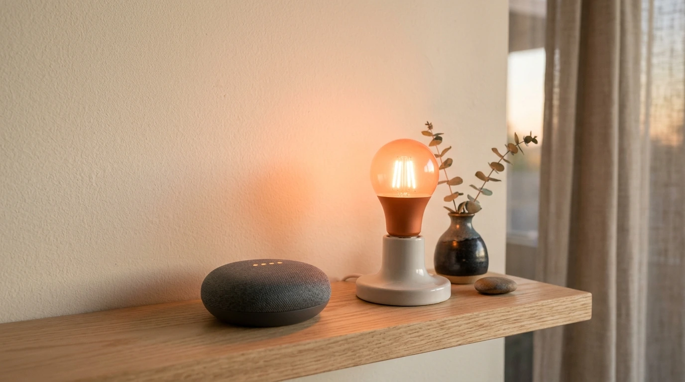 Altoparlante smart e lampadina connessa su una mensola