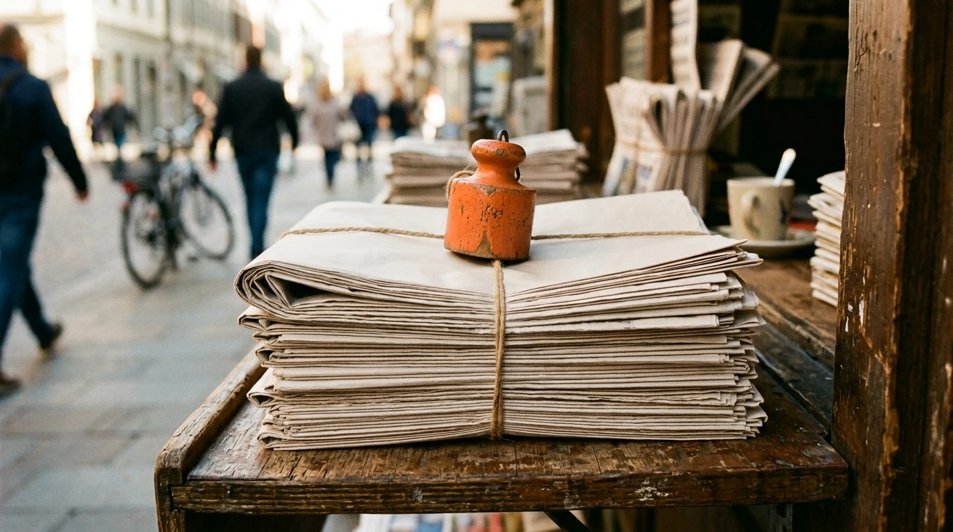 Quotidiani impilati su un bancone di edicola