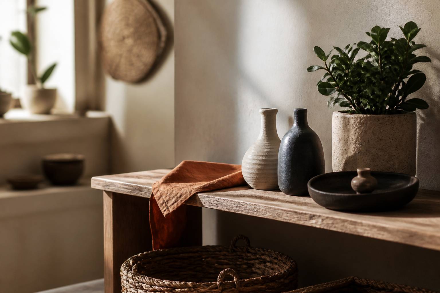 Étagère en bois avec céramiques, fibres naturelles et plante verte