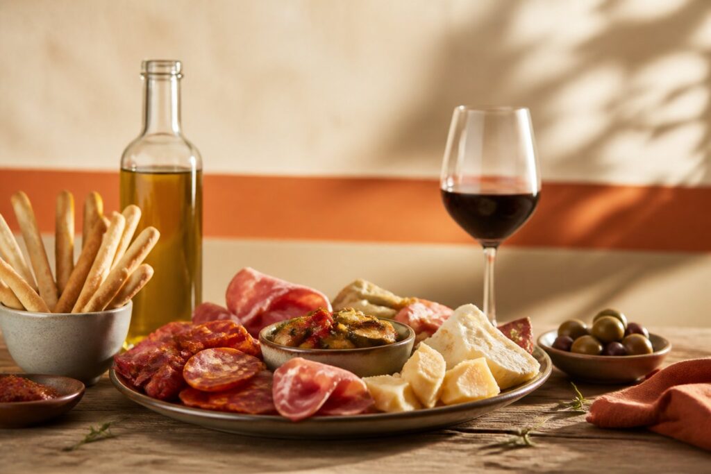Plateau d'antipasti avec charcuterie fine, fromages et légumes marinés