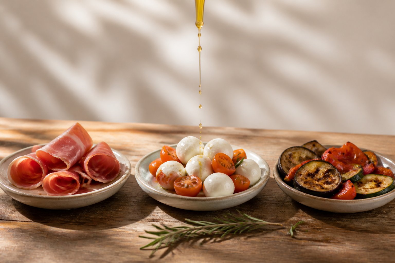 Trois assiettes d'antipasti avec charcuterie, mozzarella et légumes grillés