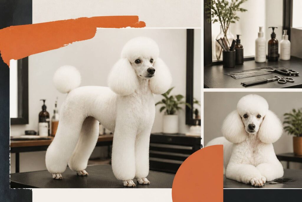 Caniche générique blanc au pelage frisé toiletté dans un salon clair