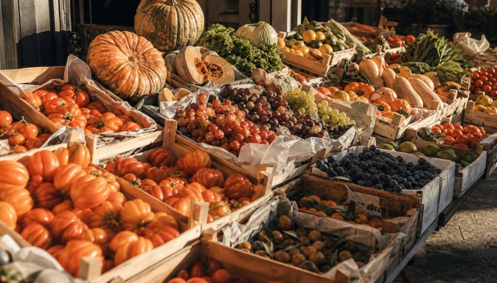 Étal de marché italien avec fruits et légumes de saison en cagettes