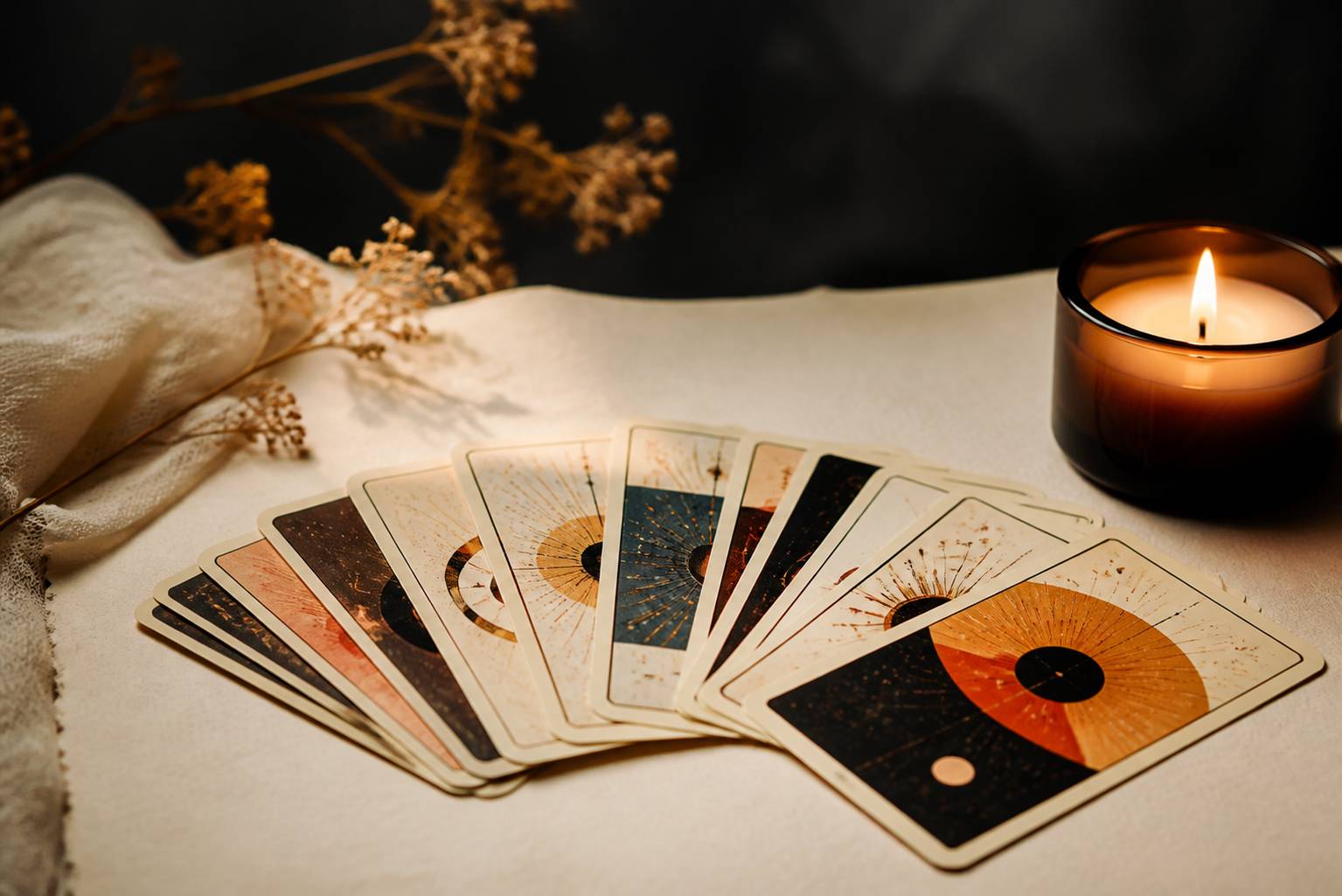 Cartes de tarot en éventail avec une bougie allumée