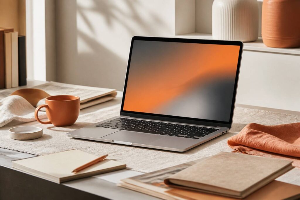 Espace de travail calme avec ordinateur portable, carnet et stylo