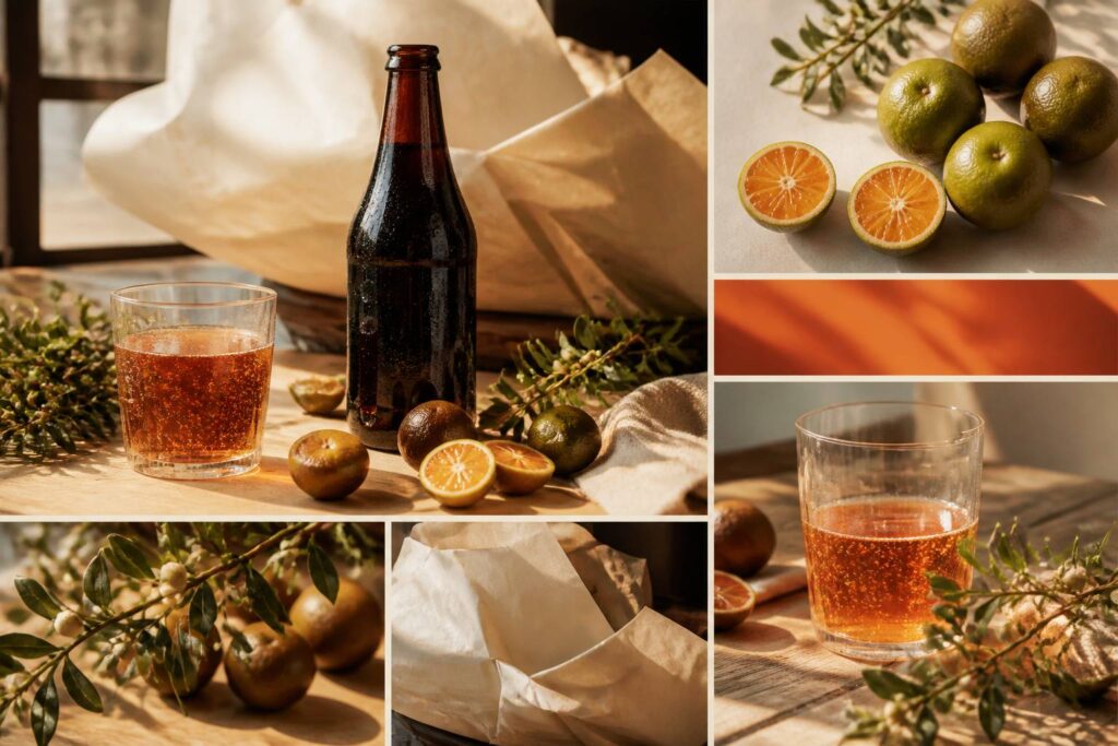 Bouteille de chinotto artisanal avec agrumes amers et verre