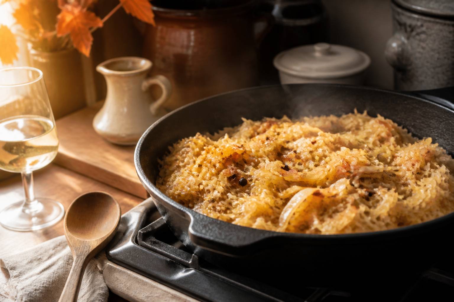 Poele en fonte avec de la choucroute qui mijote, oignons et un verre de vin blanc à côté