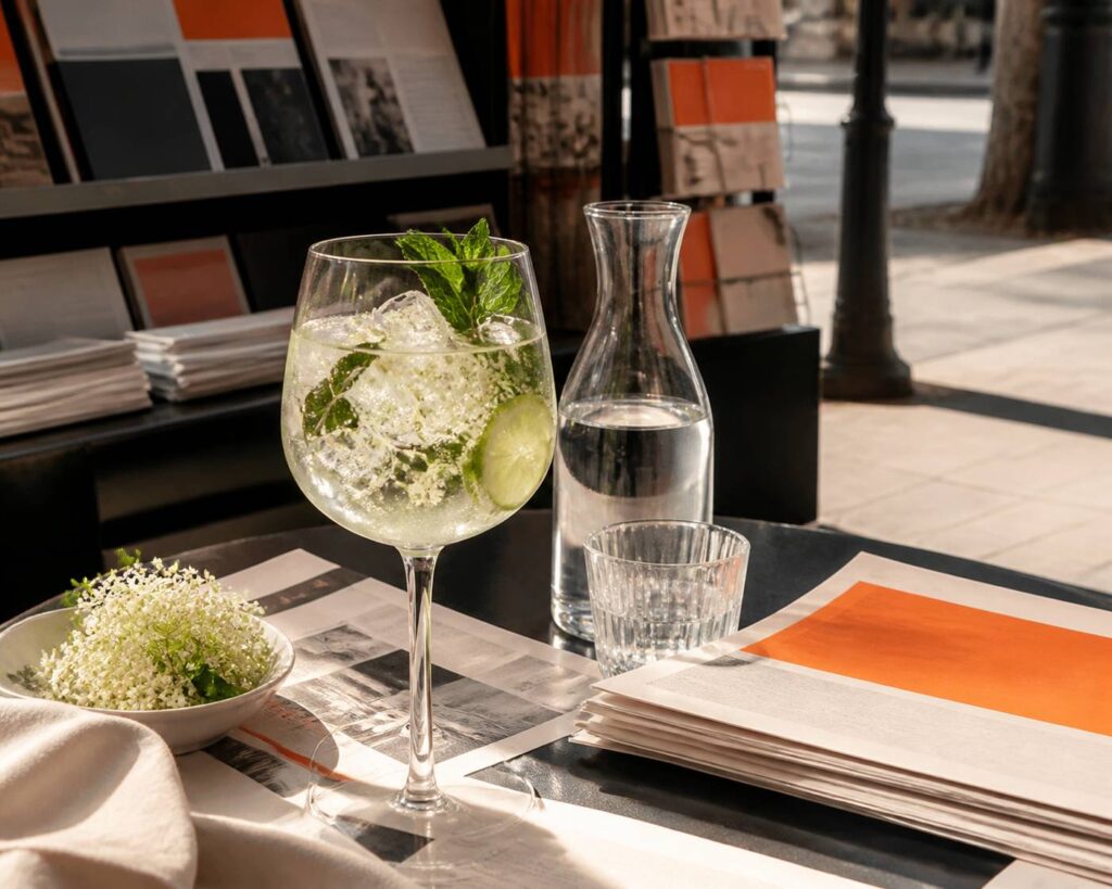Verre de cocktail Hugo au prosecco garni de menthe et citron vert