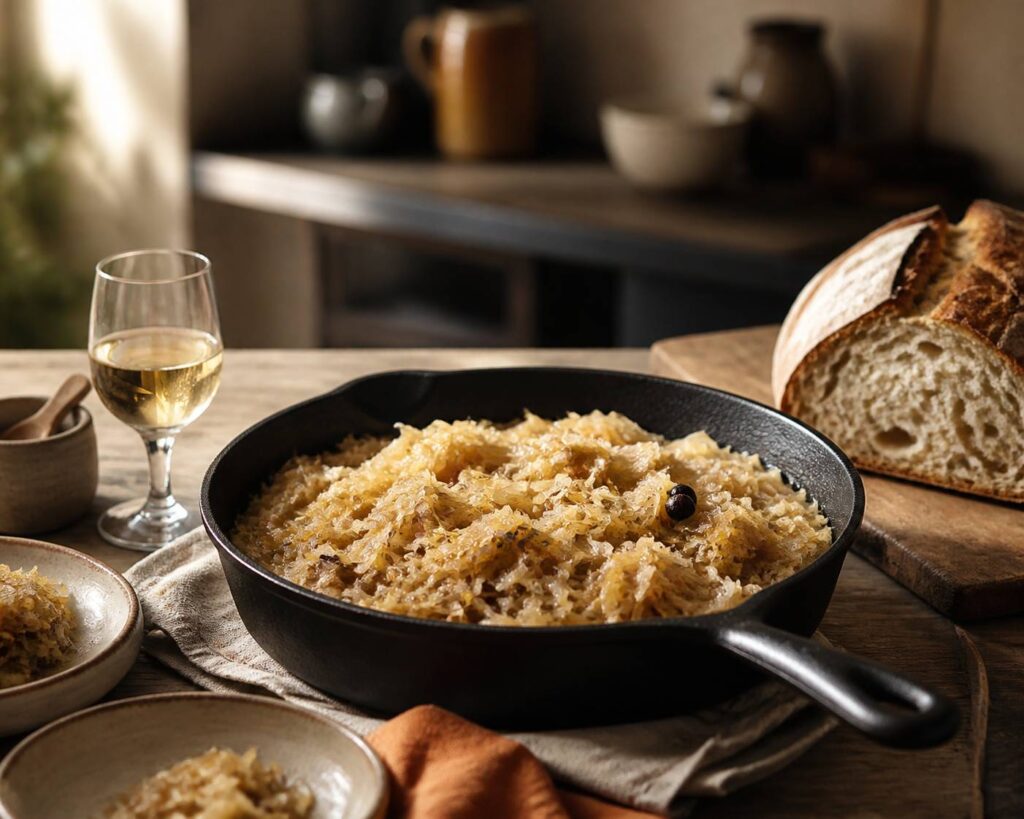 Choucroute dorée cuisinée à la poêle avec des oignons fondants et des baies de genièvre