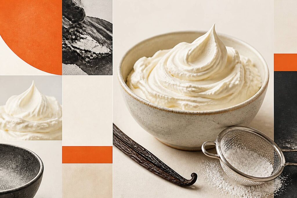 Bol de crème chantilly montée en pics souples avec vanille