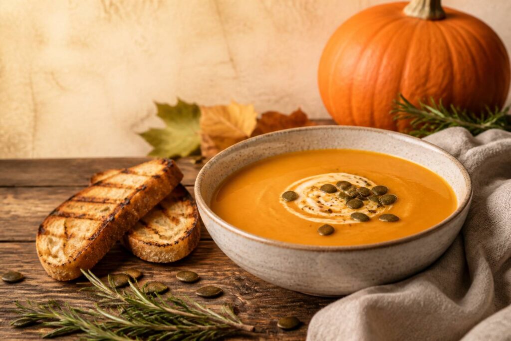 Bol de velouté de potimarron avec pain grillé, graines et romarin