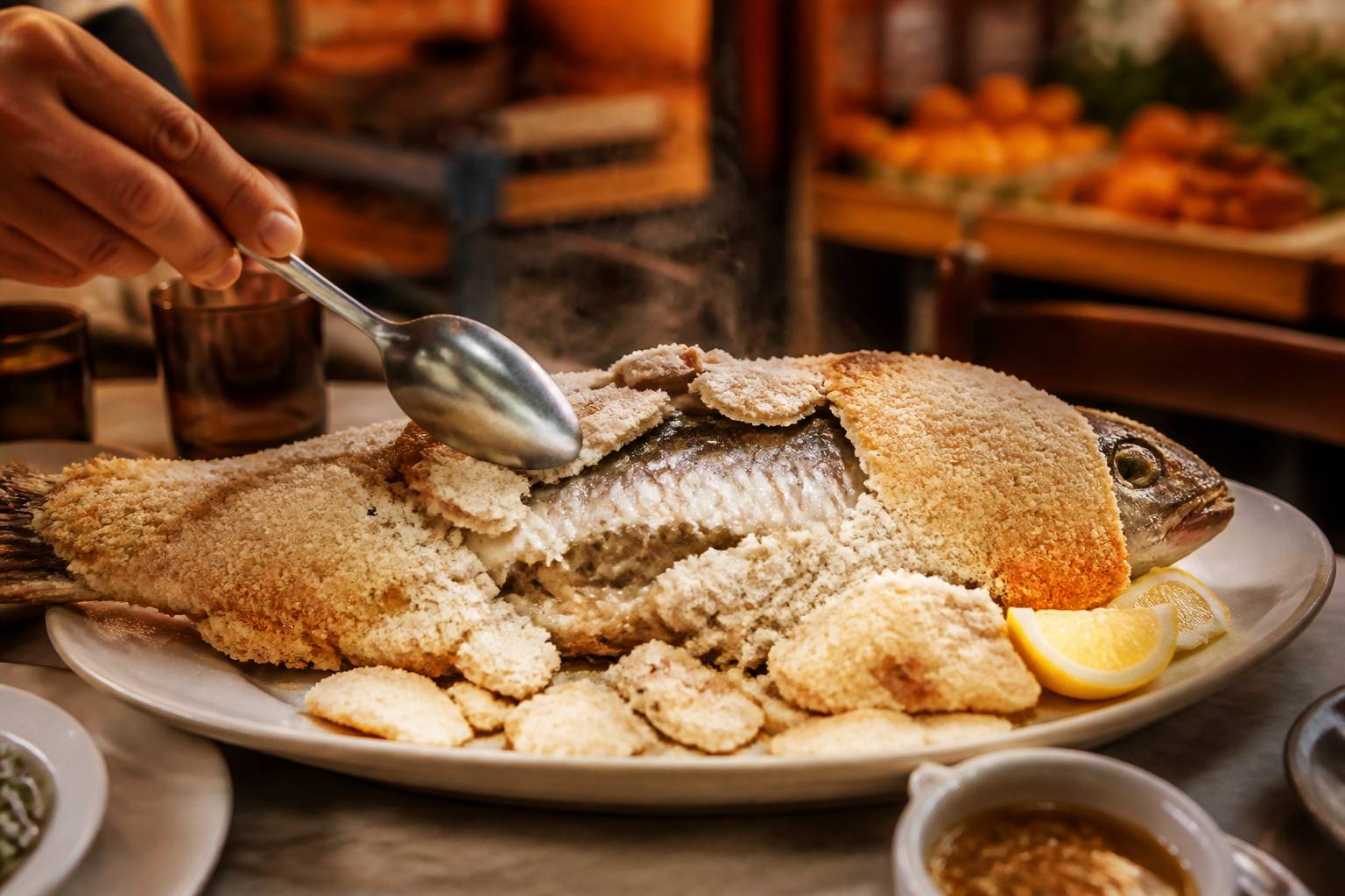 Croûte de sel cassée révélant la chair blanche d'un poisson