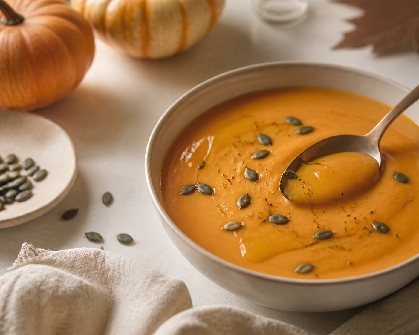 Cuillère dans un velouté de potimarron avec filet d'huile et graines