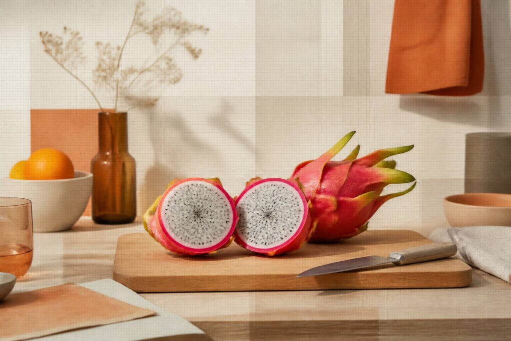 Fruit du dragon coupé en deux laissant voir la pulpe blanche à graines noires