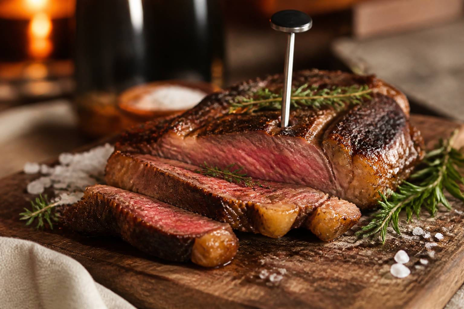 Entrecôte tranchée au cœur rosé sur une planche avec un thermomètre à sonde