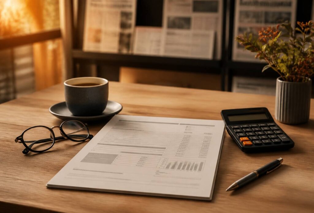 Relevé bancaire et calculatrice sur une table pour analyser les frais du compte courant