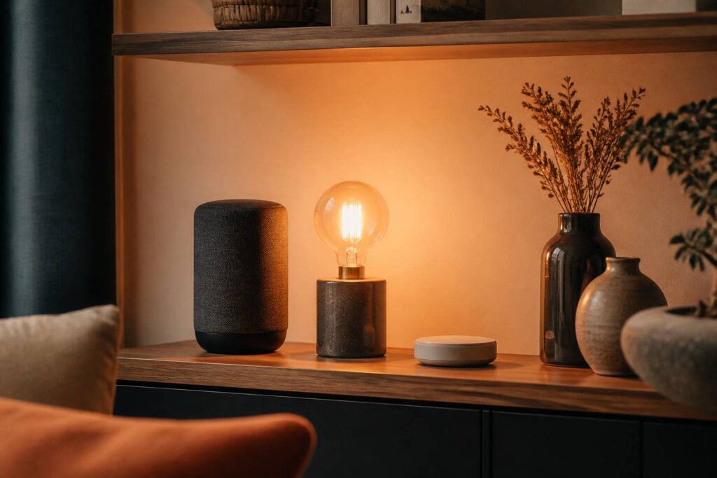 Étagère de salon avec enceinte connectée et ampoule intelligente allumée