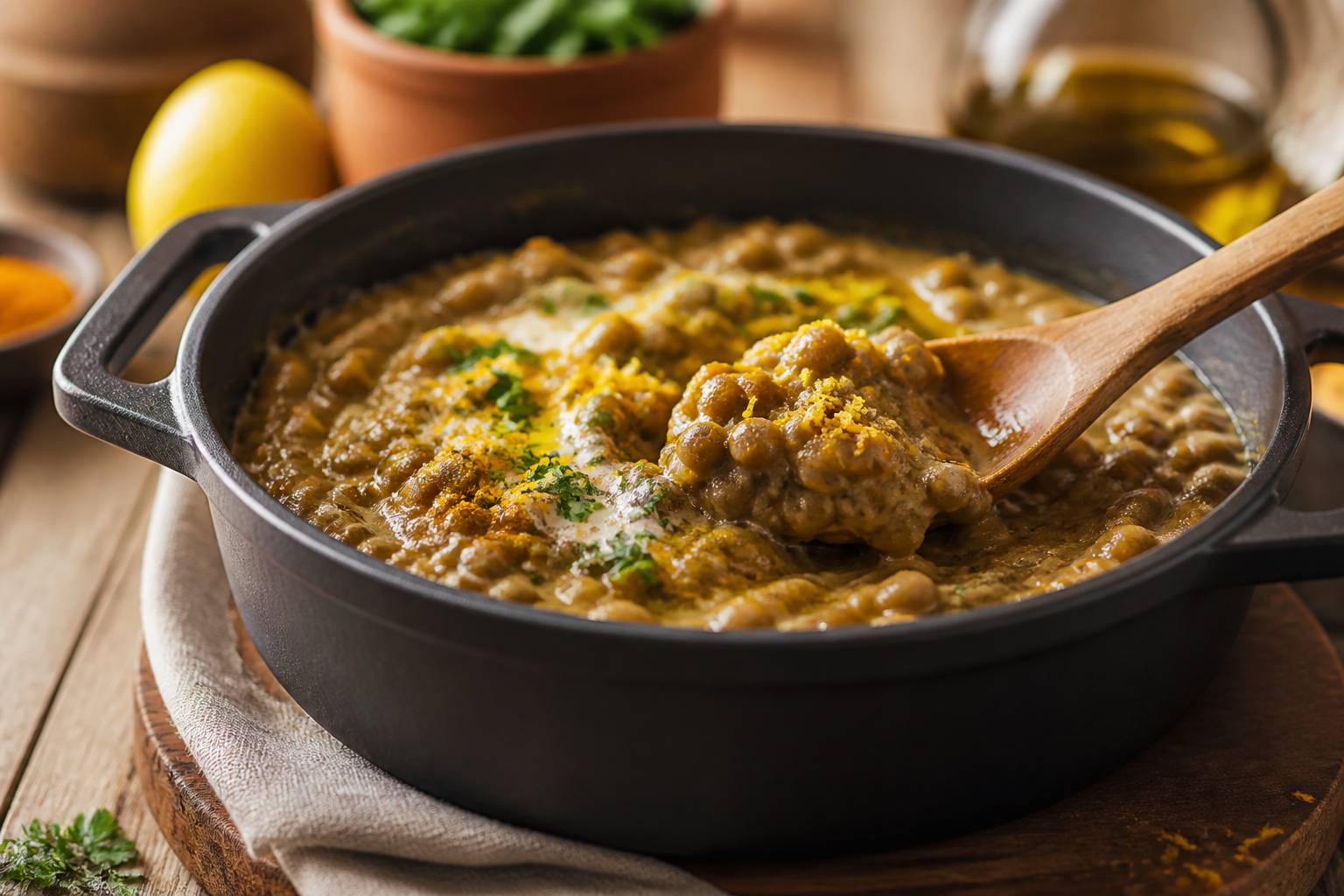 Lentilles crémeuses soulevées à la cuillère en bois avec zeste de citron, curcuma et persil