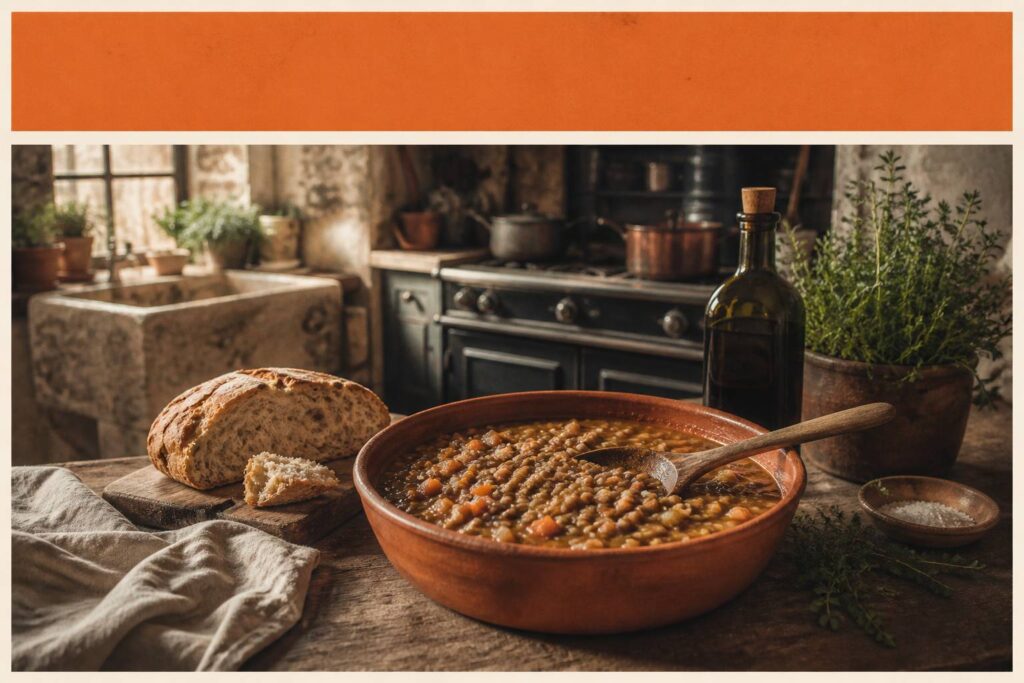Cocotte en terre cuite de lentilles mijotées avec soffritto, pain toscan et huile d'olive sur table rustique