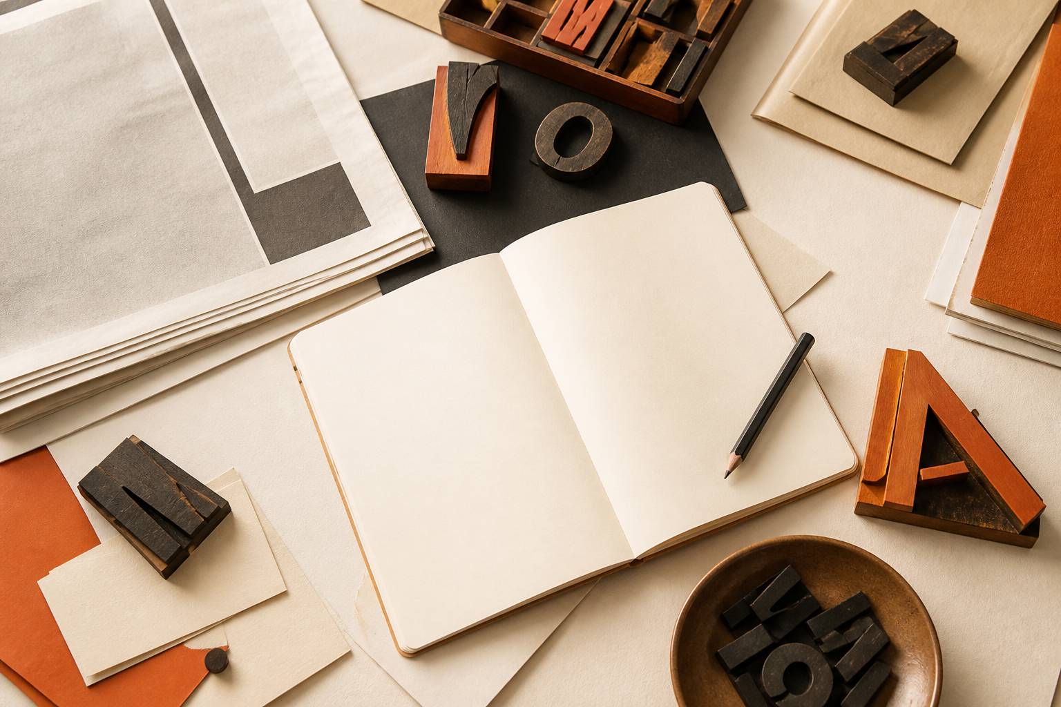 Composition flat-lay avec lettres en bois, carnet ouvert et crayon sur papier crème