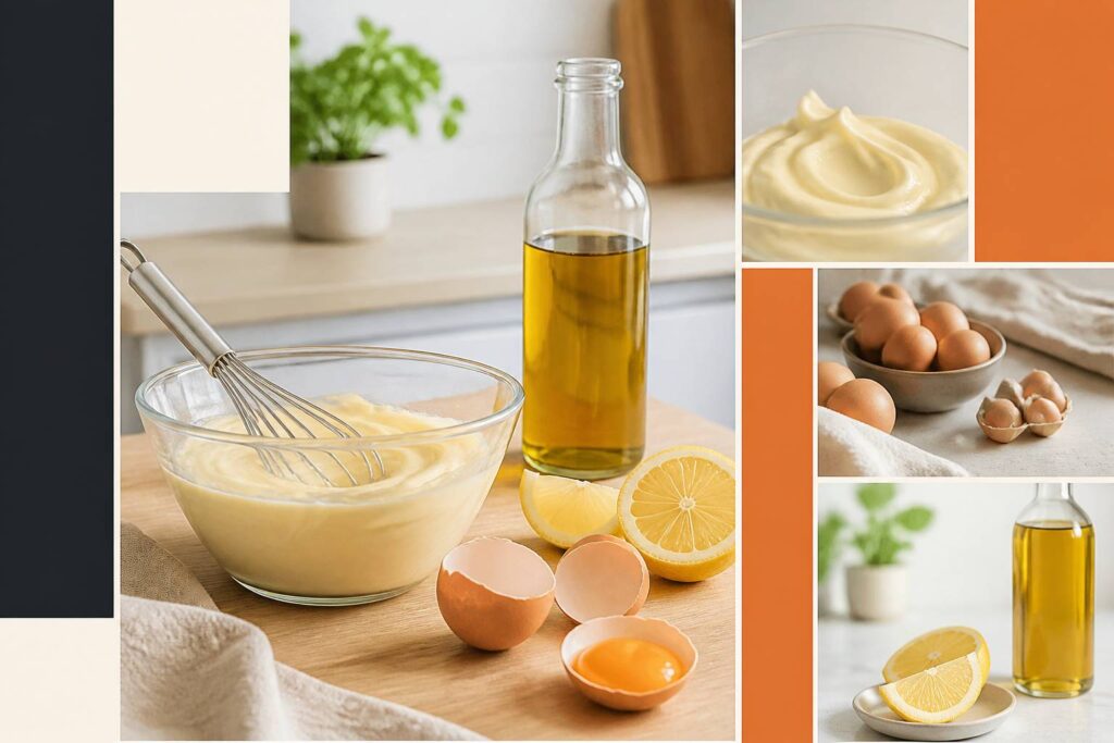 Bol de mayonnaise onctueuse avec fouet, œufs et citron