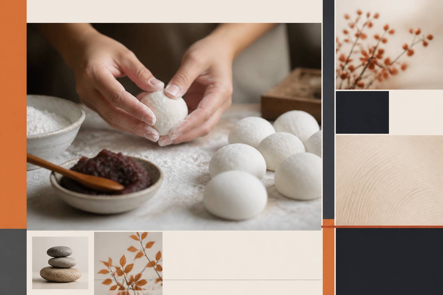Mains formant des boules de mochi saupoudrées de fécule