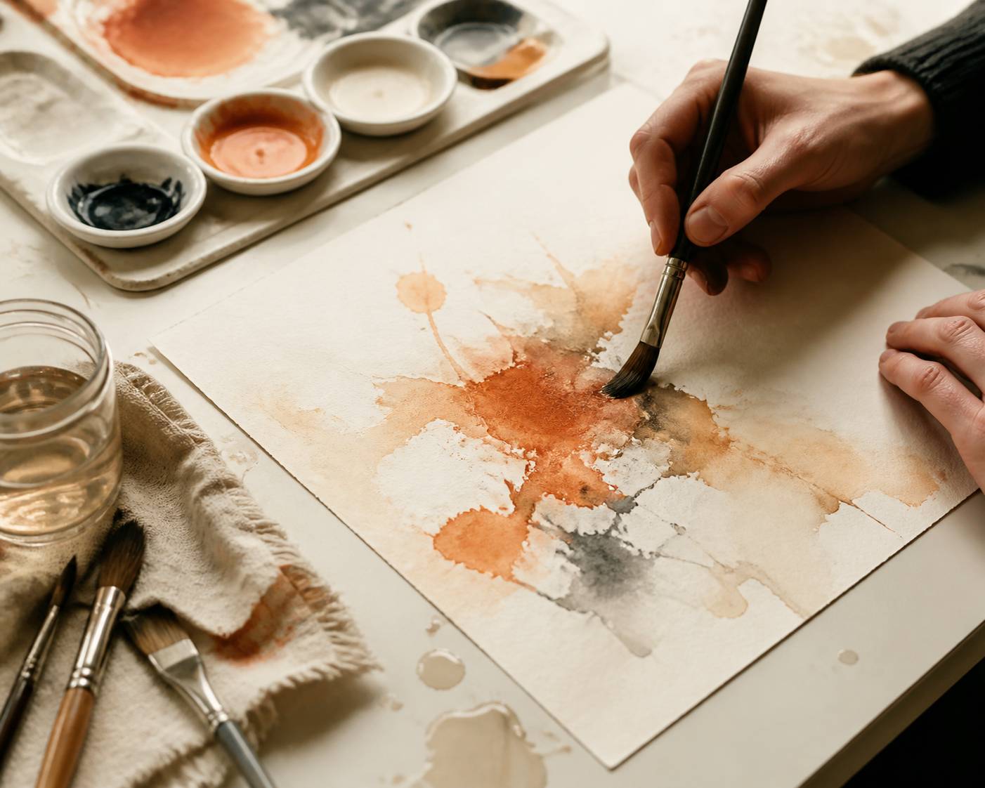 Mains peignant à l'aquarelle sur une feuille avec des pinceaux