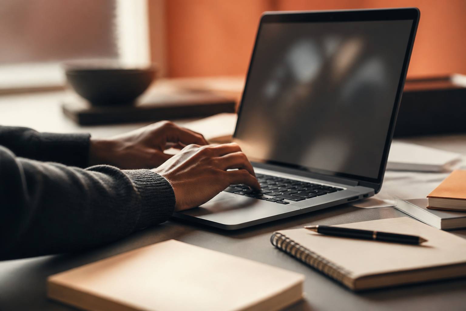 Mains tapant sur un clavier d'ordinateur portable avec un carnet