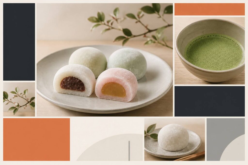 Mochi japonais sur une assiette en céramique avec du matcha