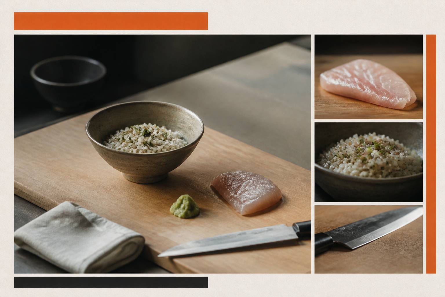 Préparation de nigiri avec riz assaisonné, tranche de poisson frais et wasabi sur plan de travail