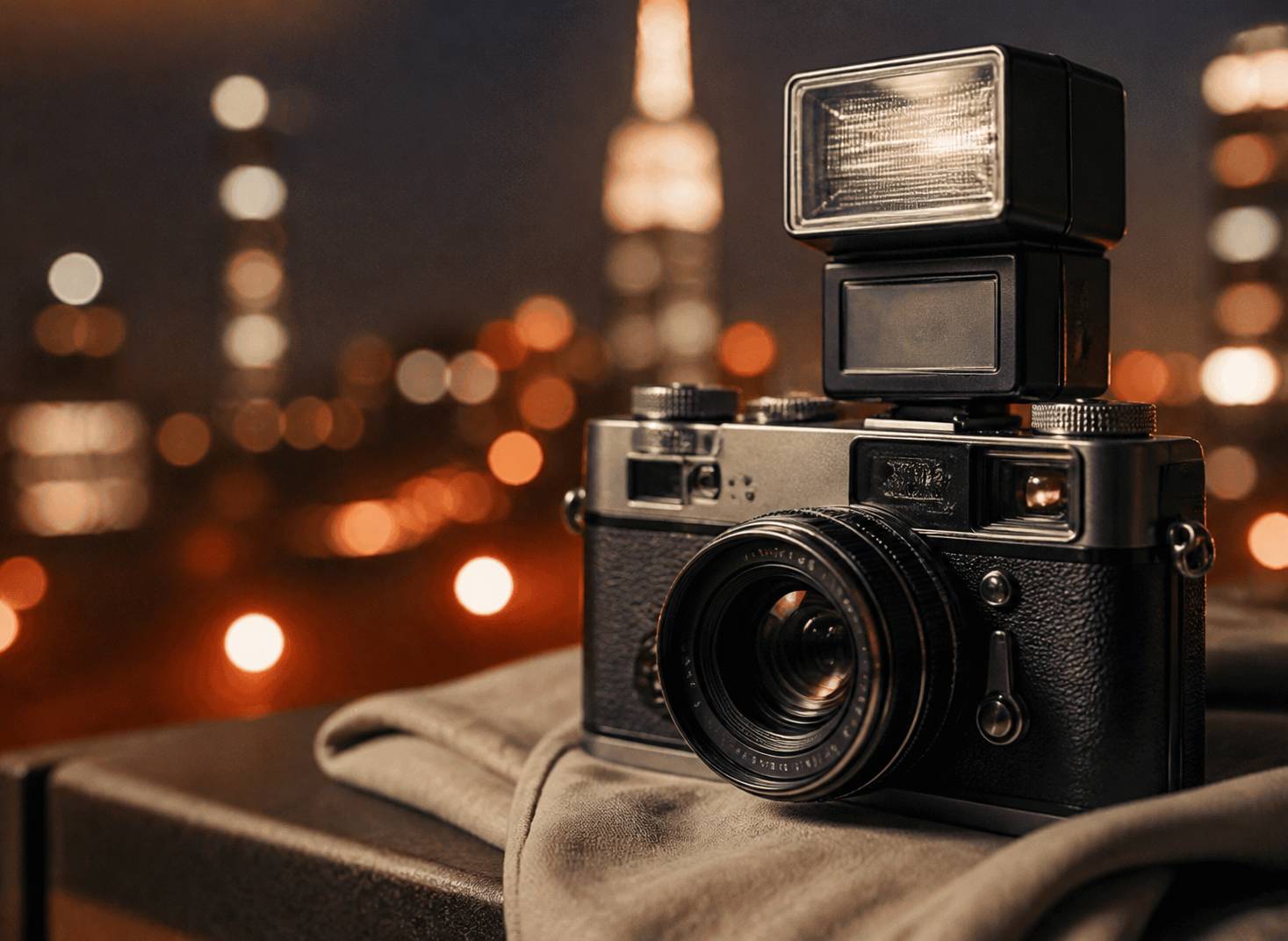 Objectif d'appareil photo avec flash sur fond de ville flou