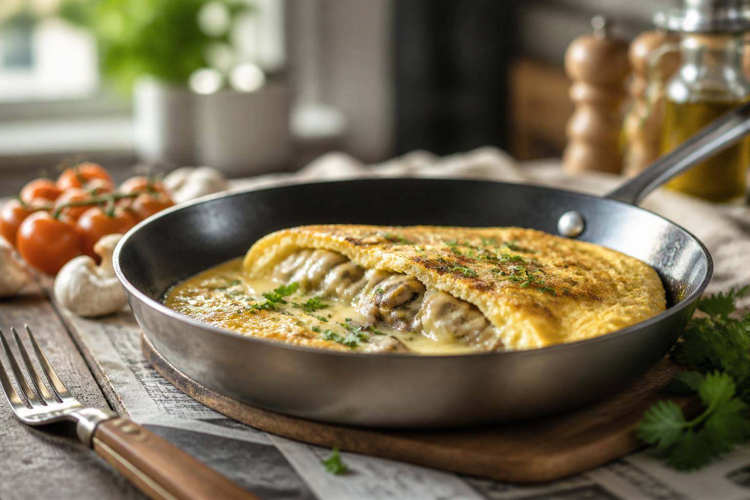 Omelette coupée montrant un cœur crémeux aux champignons et fromage