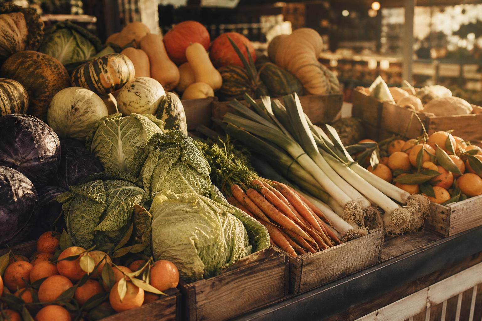 Légumes d'hiver et agrumes rangés sur un étal de marché