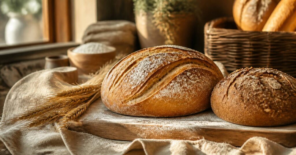 Miches de pain dorées sur une planche en bois avec farine
