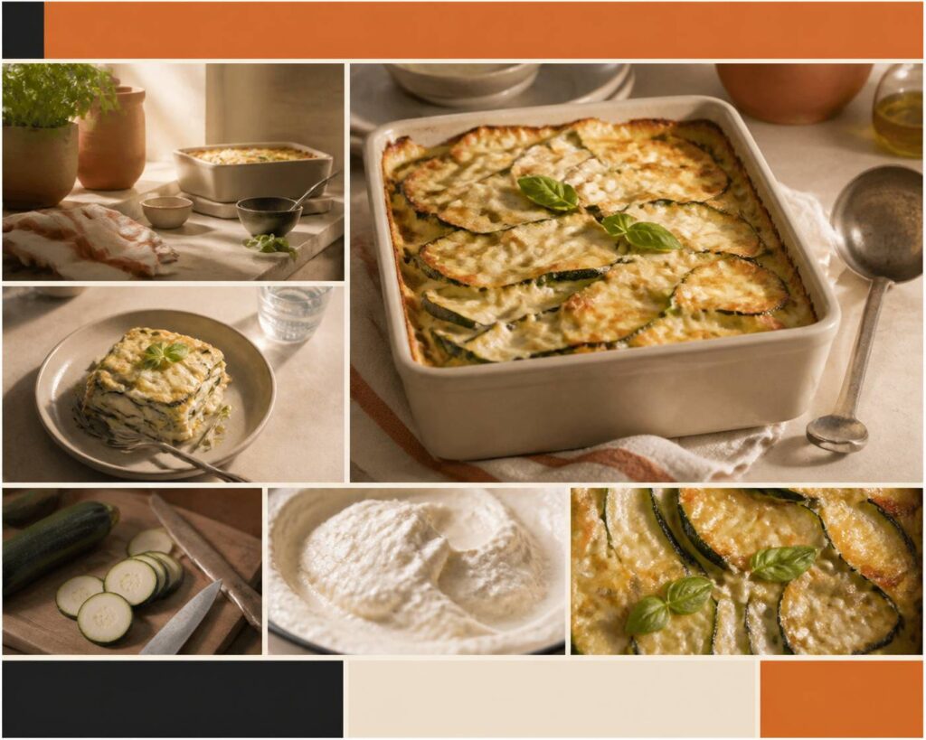 Plat de parmigiana blanche de courgettes gratiné avec couches de fromage