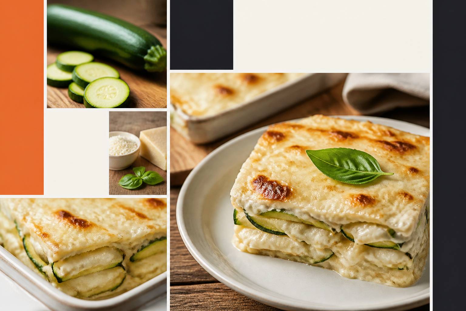 Parmigiana blanche de courgettes servie en portion avec couches visibles