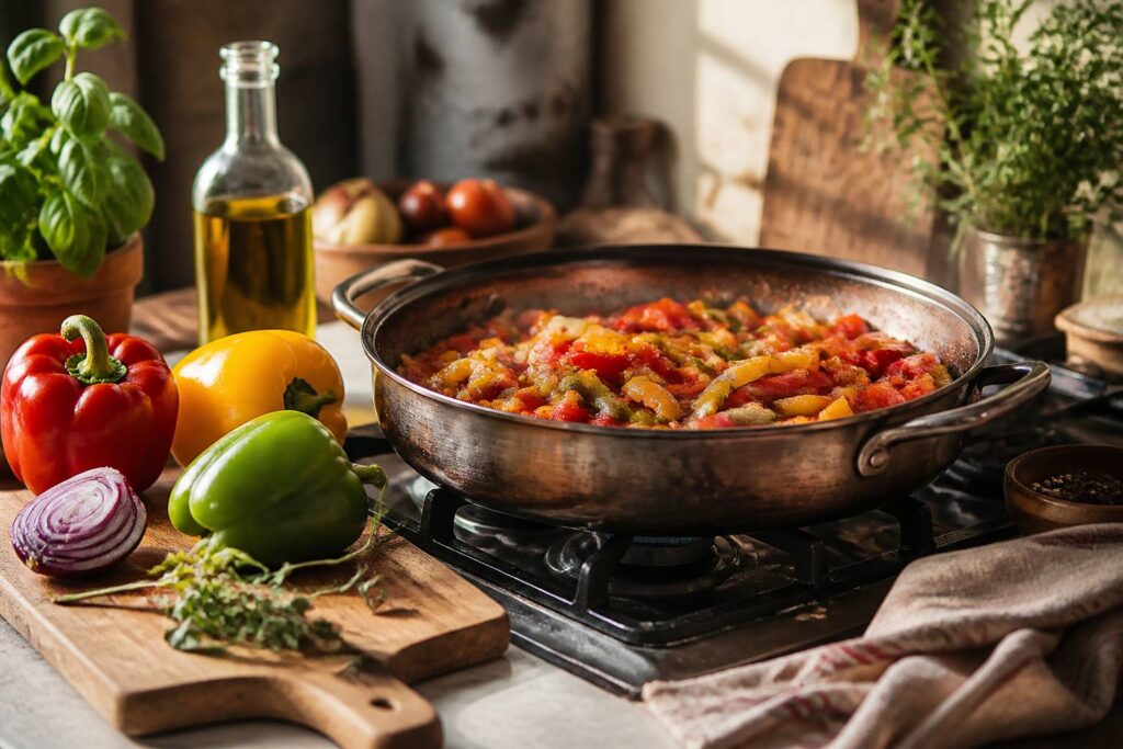 Peperonata in padella con peperoni colorati, pomodori e cipolla rossa