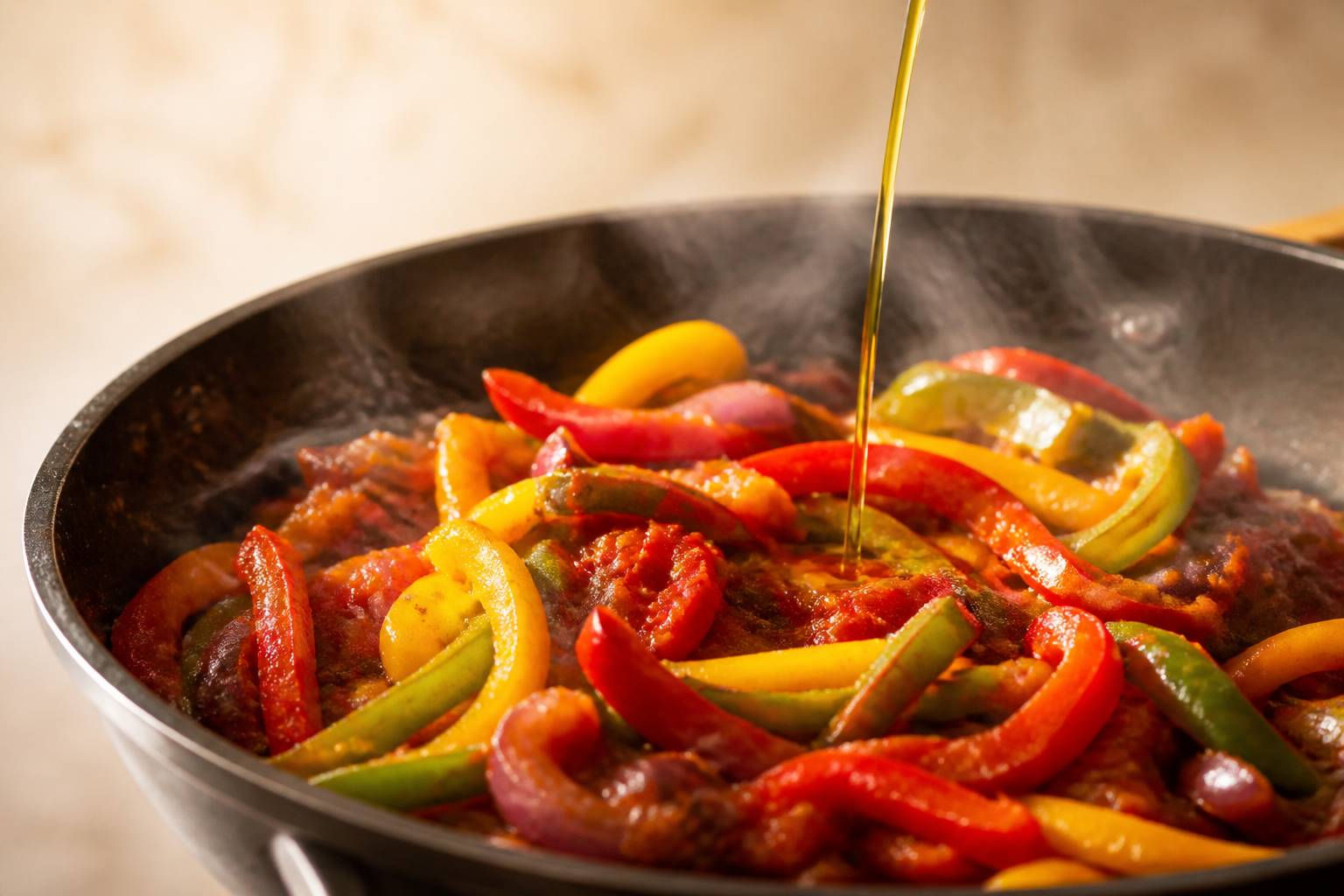 Peperoni rossi gialli e verdi a listarelle in padella con olio d'oliva