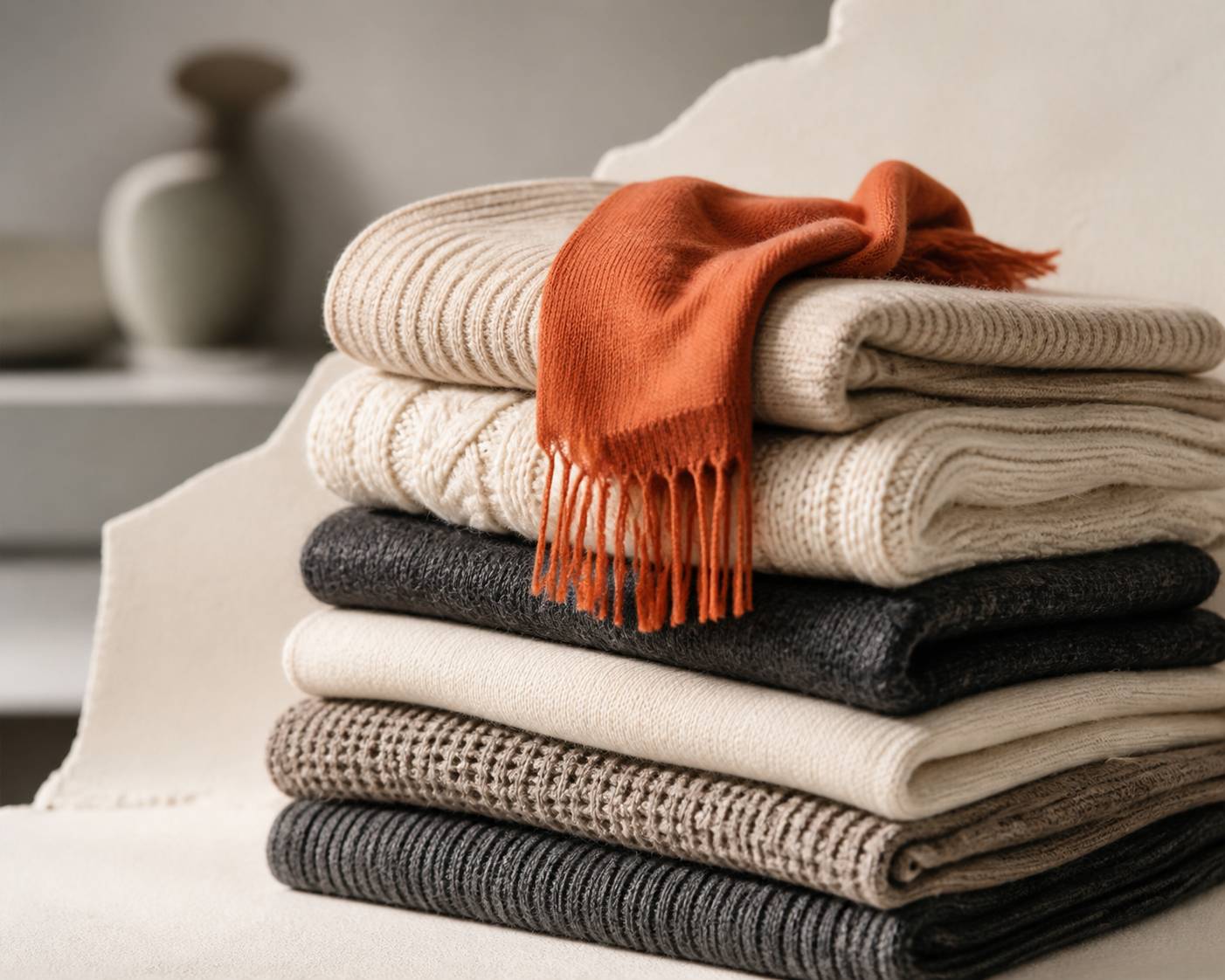 Piles de pulls en maille aux tons neutres avec un accessoire coloré