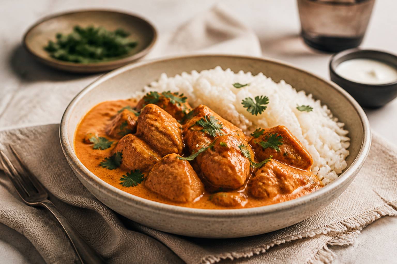 Poulet au curry dans sa sauce crémeuse avec riz basmati