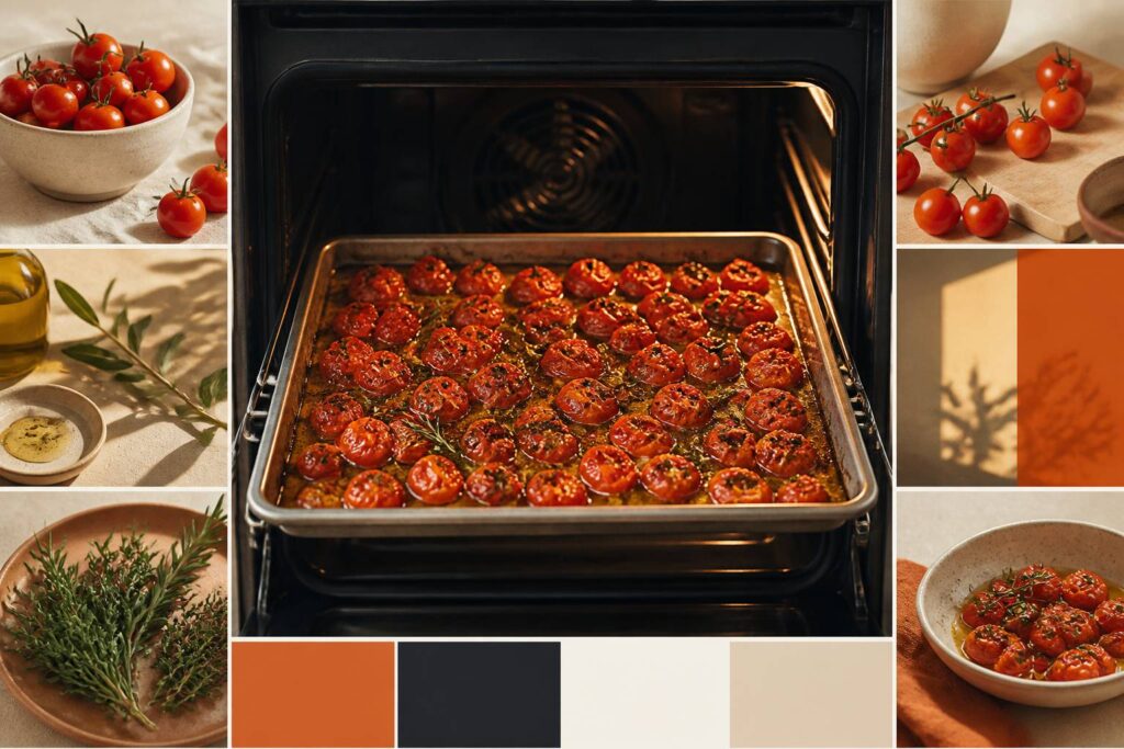 Tomates cerises confites caramélisées sur plaque de cuisson avec herbes