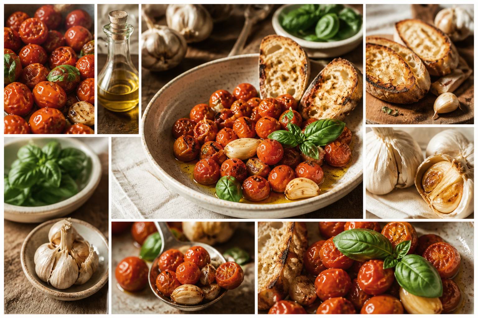 Plat de tomates confites avec pain grillé, basilic et huile d'olive