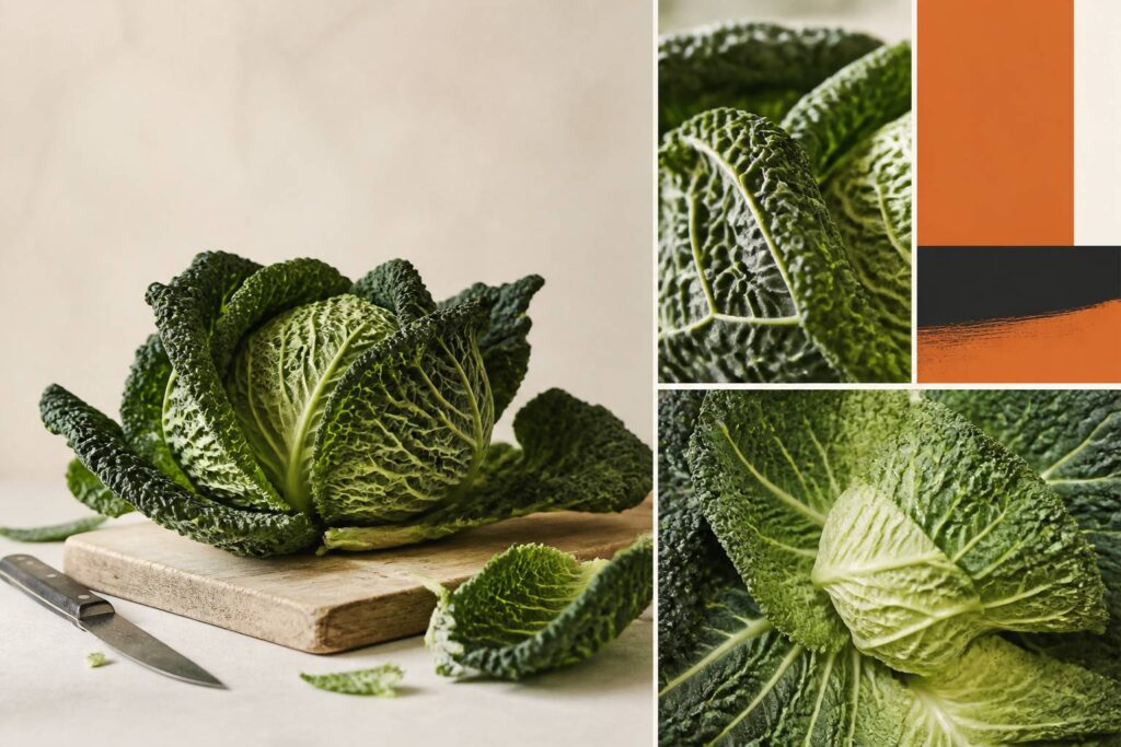 Chou verza aux feuilles vertes froissées posé sur une planche en bois de marché