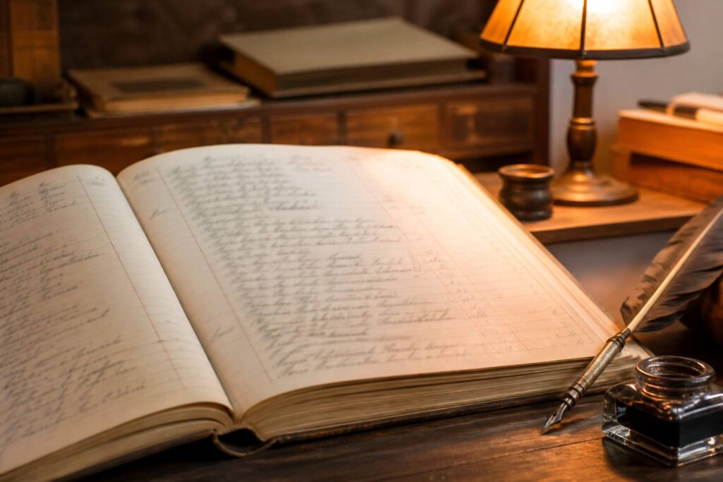 Ancien registre d'état civil ouvert avec plume et encrier sur un bureau d'archives