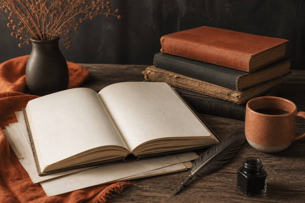 Carnet ouvert avec plume, encrier, livres anciens et tasse de café