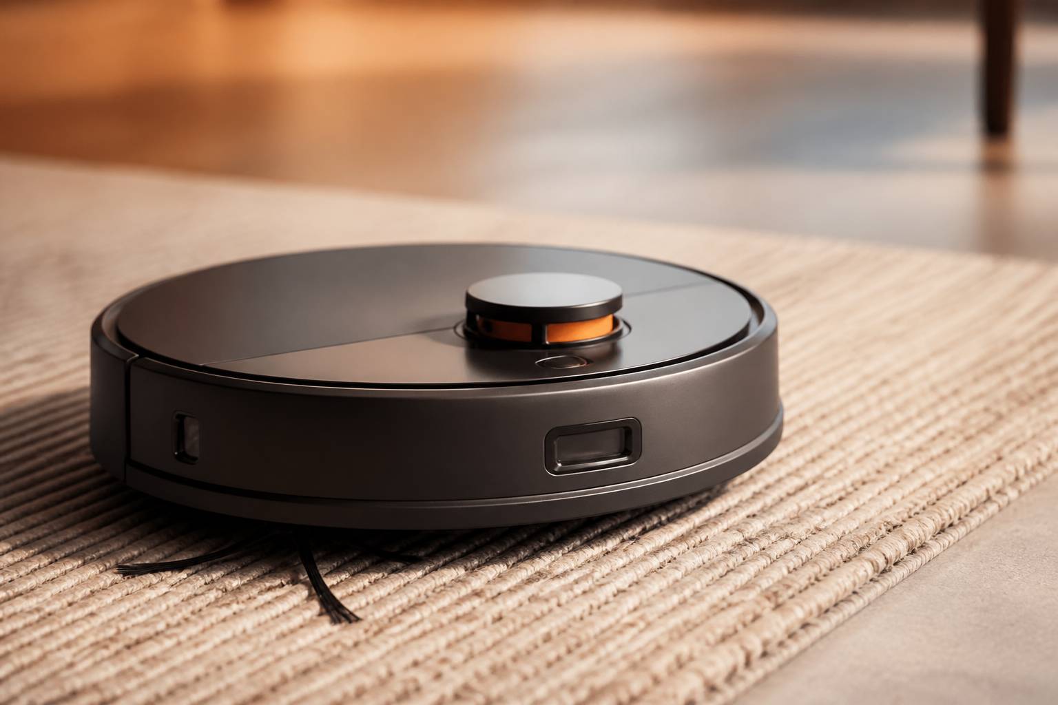 Robot aspirateur avec brosse et capteurs posé sur un tapis