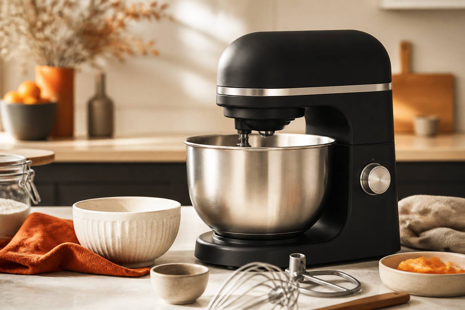 Robot de cuisine avec bol et accessoires sur un plan de travail